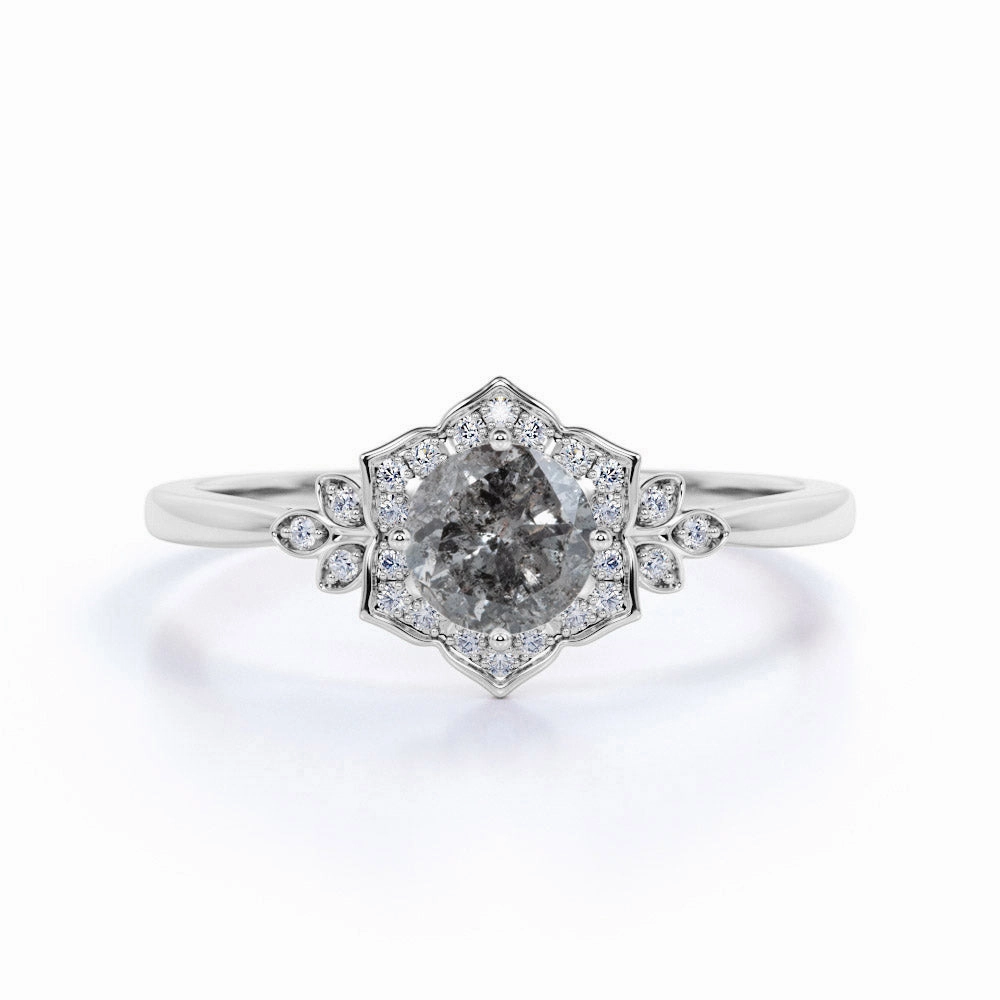 0.70 Ct Round Cut Salt and Pepper Diamond Floral Engagement Ring Casual Chic