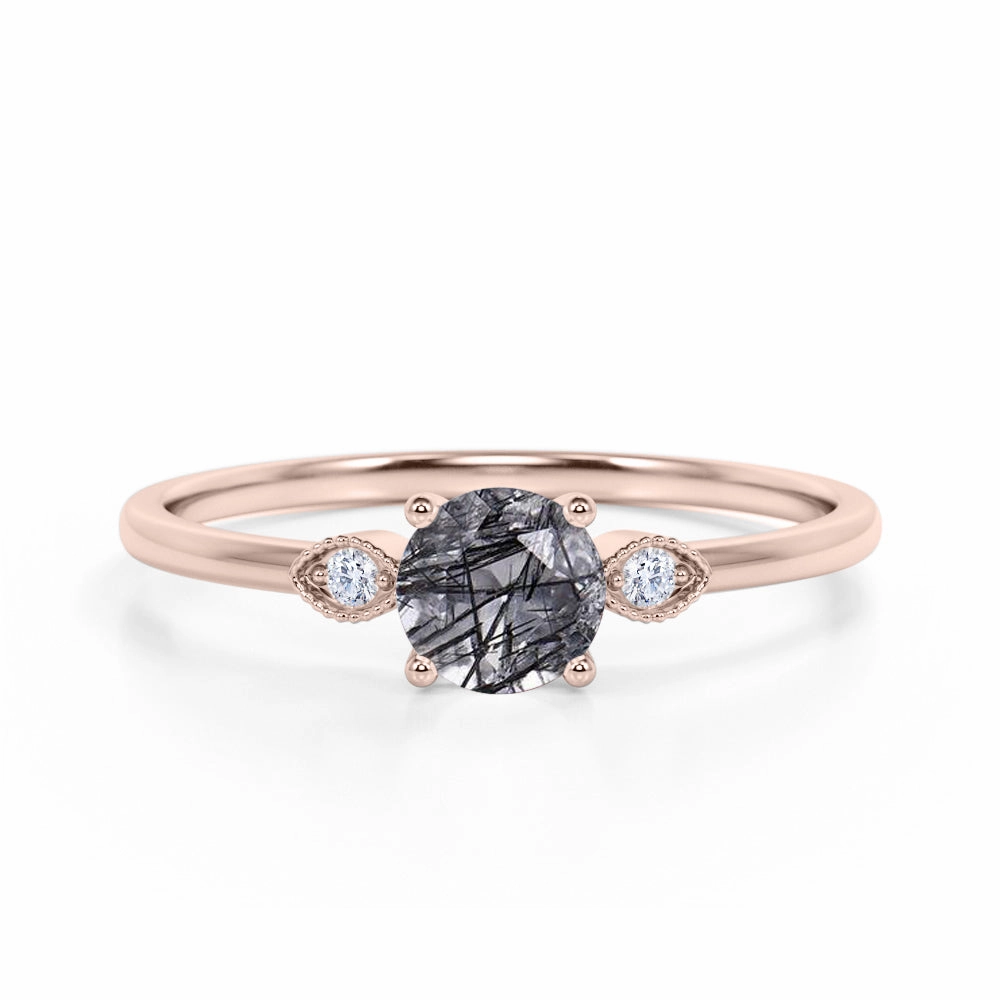 Mood Match Branded Product 1.10 ct Round Black Rutilated Quartz Three Stone Engagement Ring