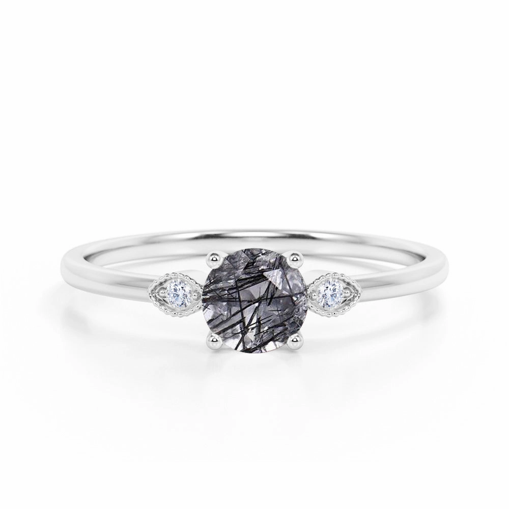 1.10 ct Round Black Rutilated Quartz Three Stone Engagement Ring Polished Simplicity