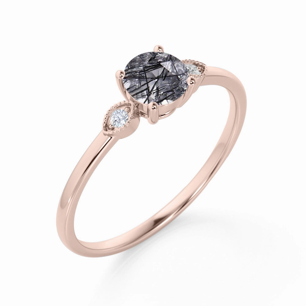 1.10 ct Round Black Rutilated Quartz Three Stone Engagement Ring Balanced Form