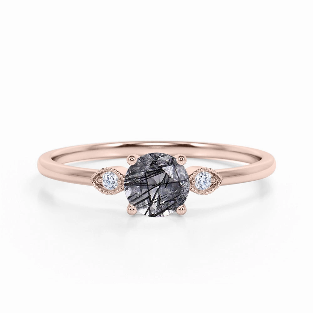 Unique Accessory Ornate Memento 1.10 ct Round Black Rutilated Quartz Three Stone Engagement Ring