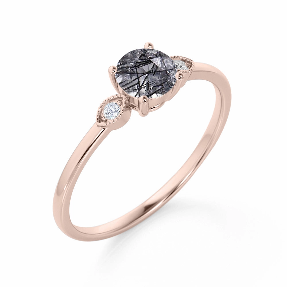 Fashionable Expression Meaningful Decoration 1.10 ct Round Black Rutilated Quartz Three Stone Engagement Ring