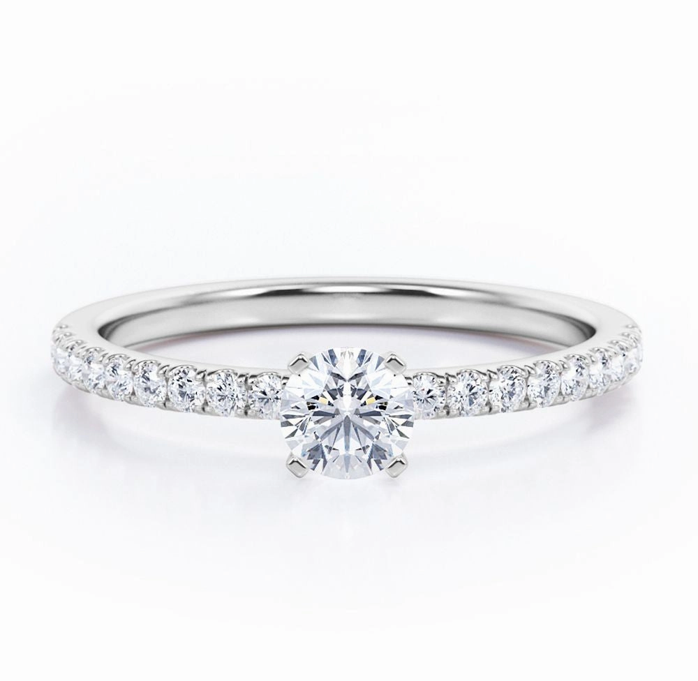 Dainty Classic Pave Set - 0.45 TCW Round Brilliant Cut Diamond - Prong Engagement Ring - 10K White Gold HighEnd Design