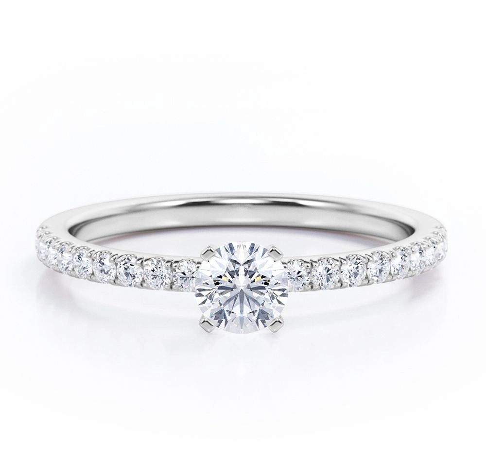 Dainty Classic Pave Set - 0.45 TCW Round Brilliant Cut Diamond - Prong Engagement Ring - 10K White Gold Fashionable Decoration Artistic Shape
