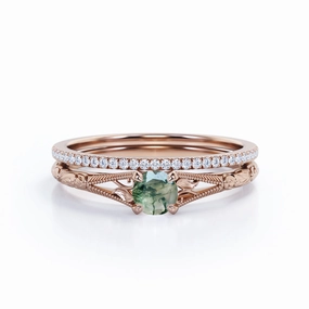 Dainty Solitaire 1.25 Carat Round Cut Genuine Dendritic Moss Agate with Diamond Pave Band Art Deco Wedding Ring Sets Compostable Material Memorable Accessory