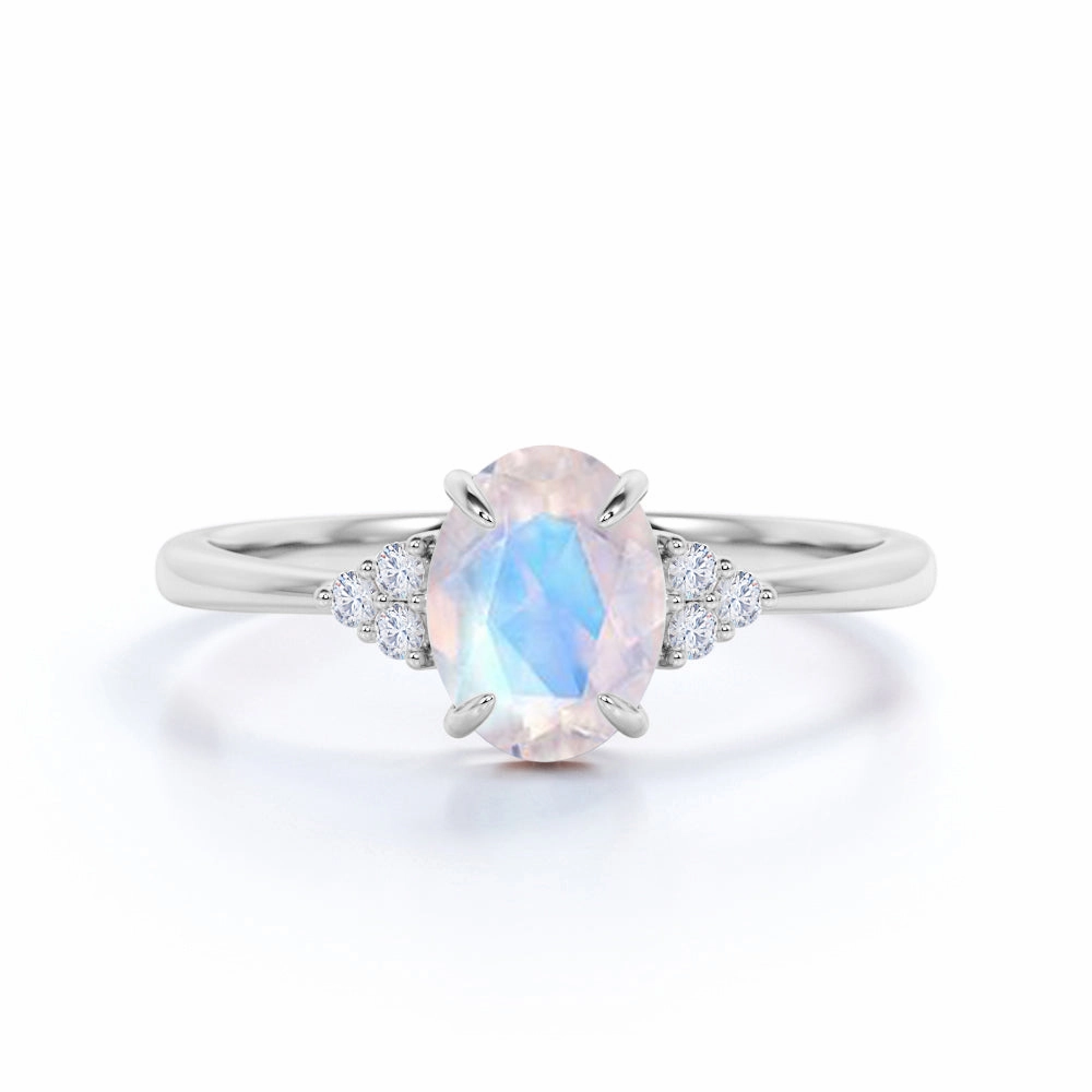 1.25 ct Oval Blue Moonstone 7 stone Engagement Ring Opaque Surface