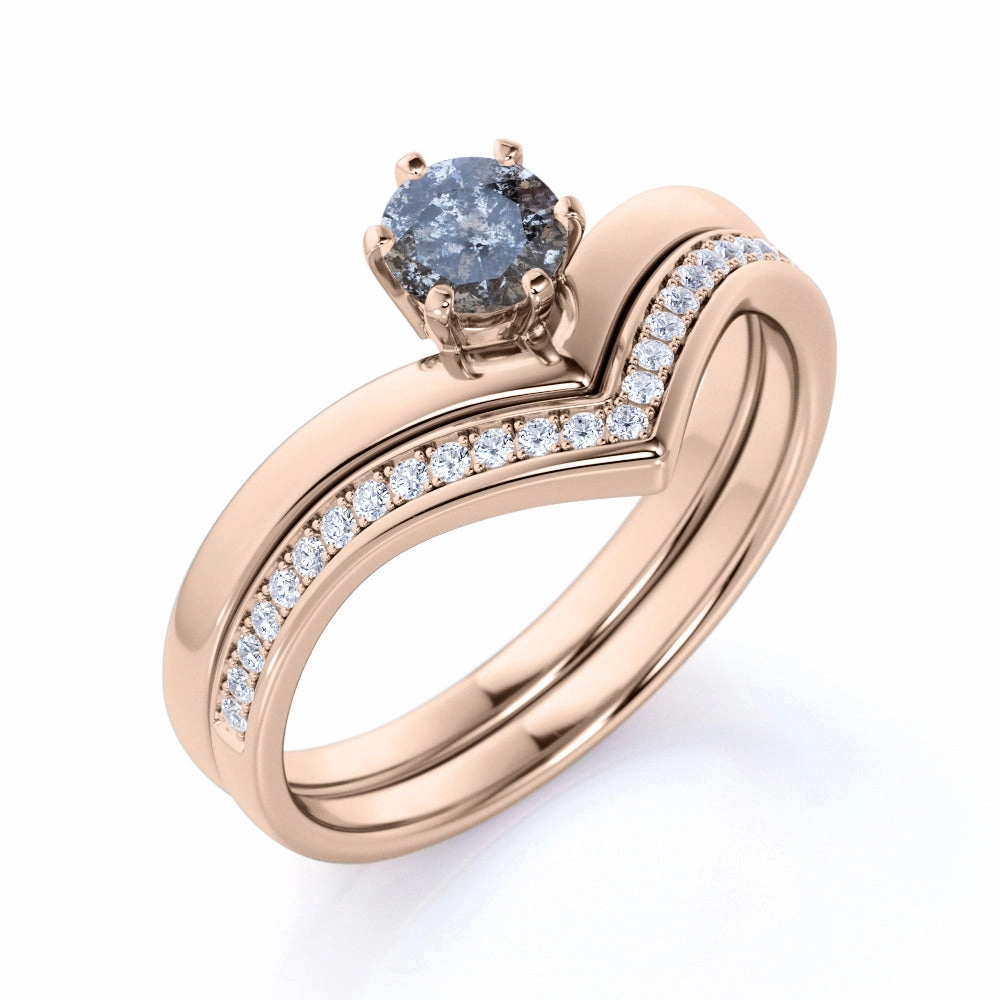 Ornate Art Custom Decoration Contour 0.75 Ct Round Salt and Pepper Diamond Wedding Ring Set