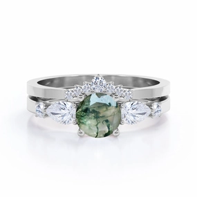 Perennial Favorite Dainty Choice Contour Crown 0.8 Carat Round Moss Agate Bridal Set