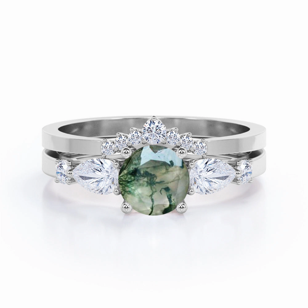 Timeless Object Contour Crown 0.8 Carat Round Moss Agate Bridal Set