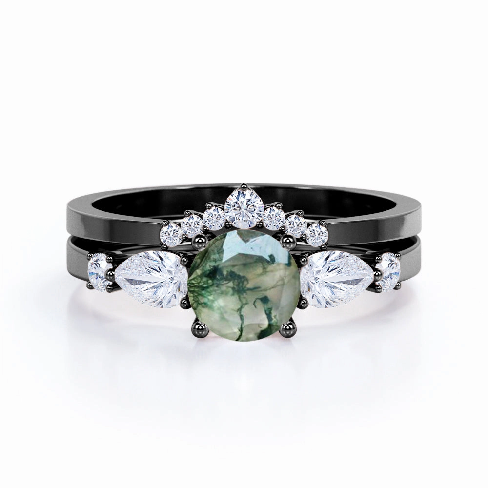Contour Crown 0.8 Carat Round Moss Agate Bridal Set Gift Pack