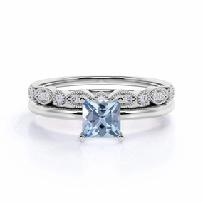 Sparkling Article Comfortable Wear Vintage 1.50 ct Princess Aquamarine Solitaire Bridal Set