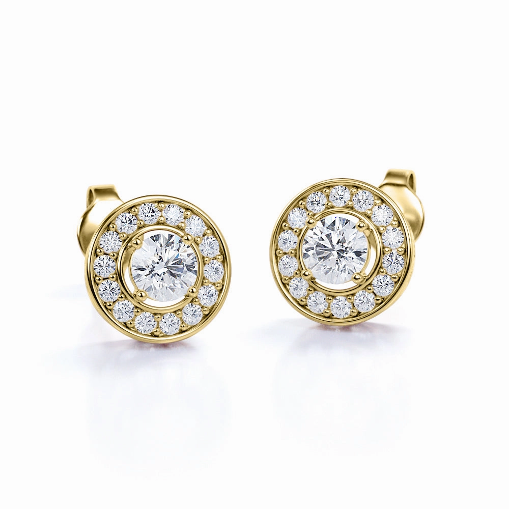 Circle Channel Set 1.20 Carat Round Cut Certified Moissanite and Diamond Hidden Halo Stud Earrings in Rose Gold Rustic Embellishment