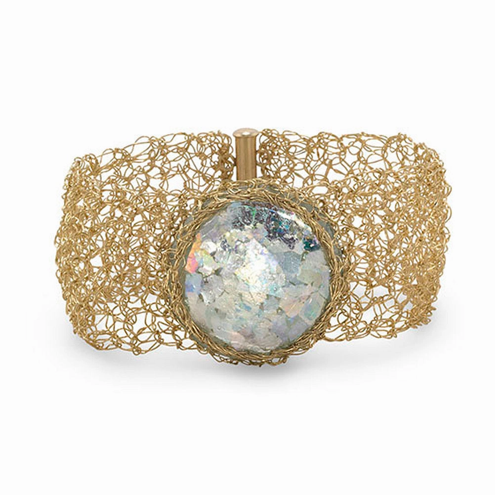 Ancient Roman Glass Bracelet with Hand Woven Band 14k Gold-filled Wide Amalgamations Heartwarming Connection
