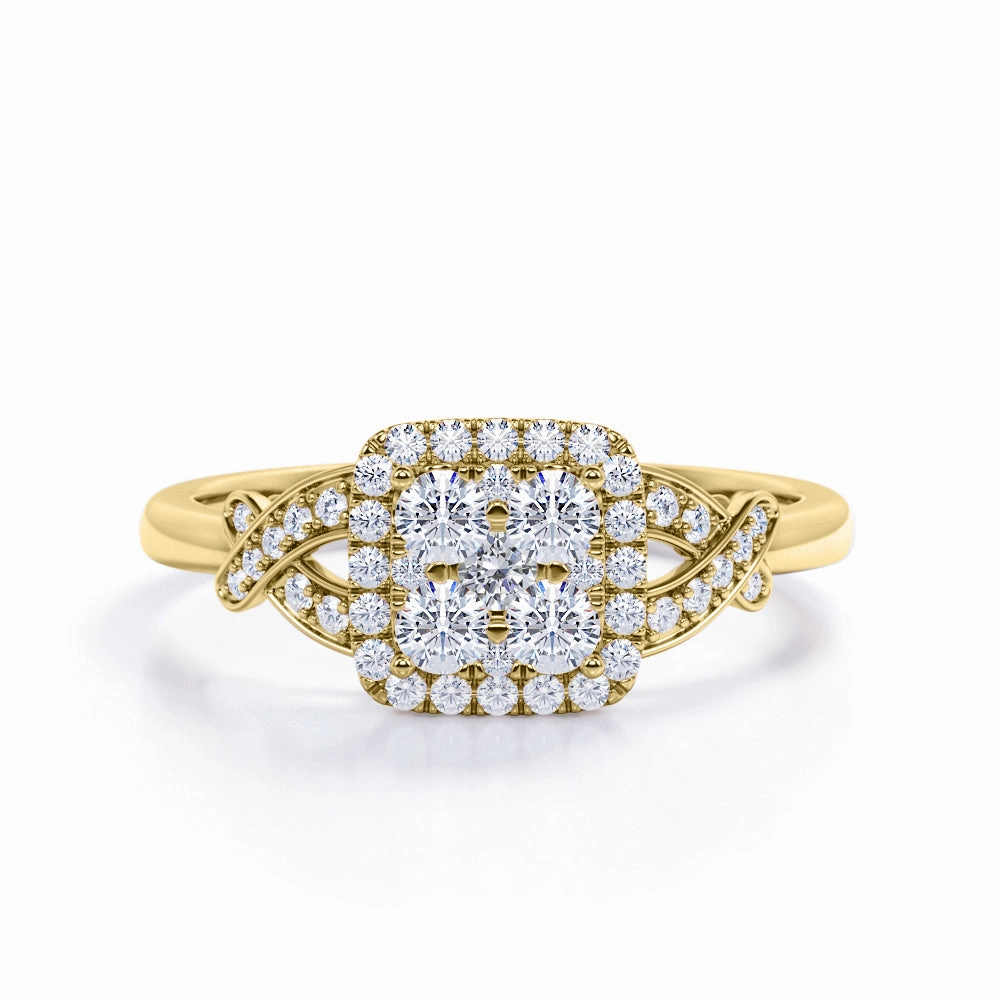 Five-Stone Cluster Halo 0.5 TCW Round Shape Diamond Pave-Channel Crossover Engagement Ring in 10K Rose Gold Creative Design Elegant Expression