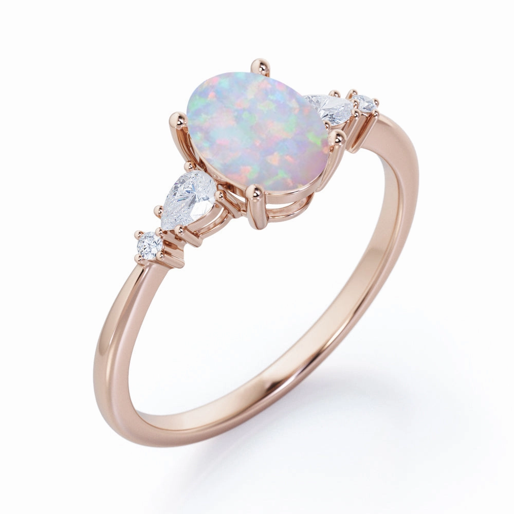 1.1 Ct Oval Cut Lab Created Opal Five Stone Engagement Ring Bold Emblem Contemporary Touch