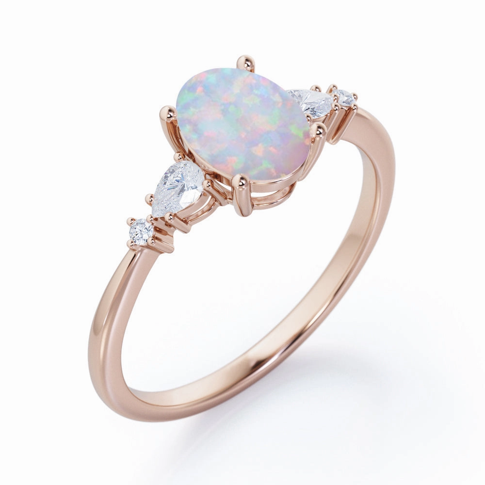 Trendy Vibe Romantic Statement 1.1 Ct Oval Cut Lab Created Opal Five Stone Engagement Ring