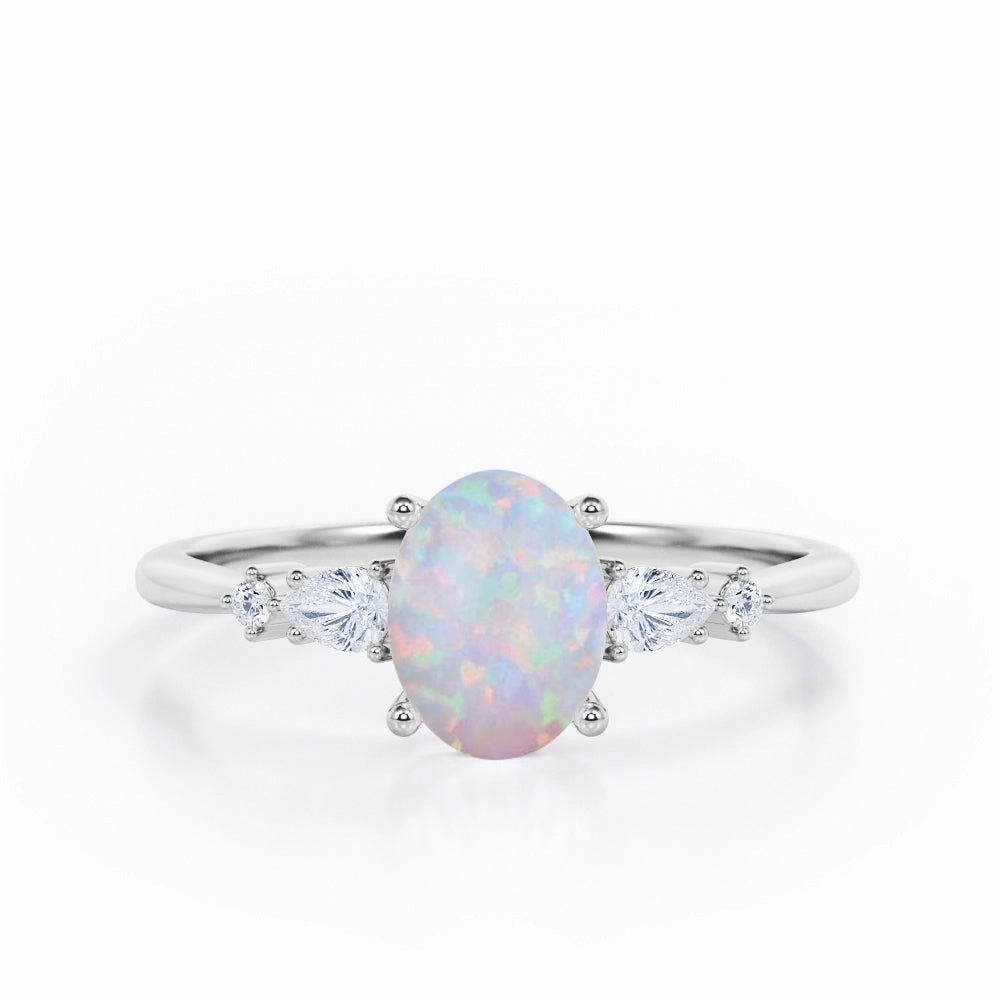 1.1 Ct Oval Cut Lab Created Opal Five Stone Engagement Ring Graceful Detail