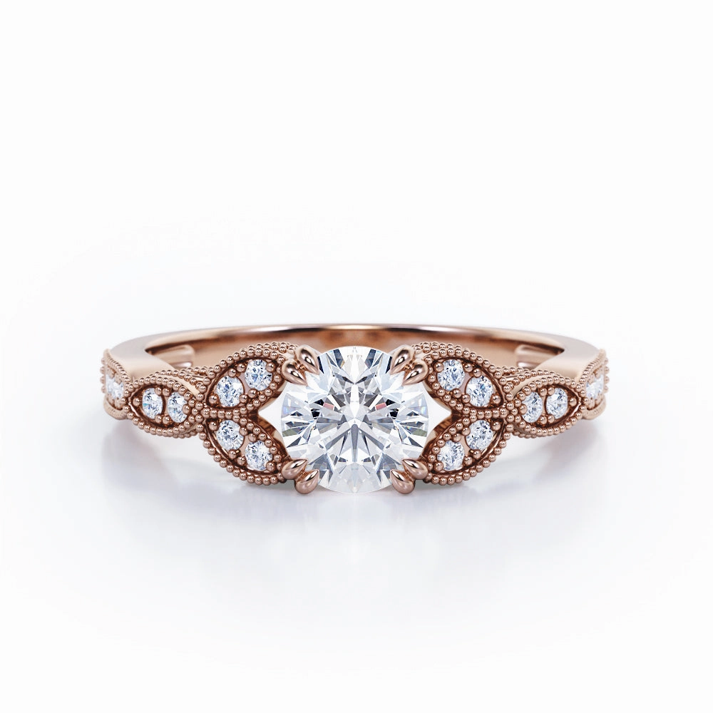 Classic Detail Everyday Wear Sharp Eight Claws 0.45 Carat Round Cut Diamond Beaded Leaf Art Deco Engagement Ring In Rose Gold