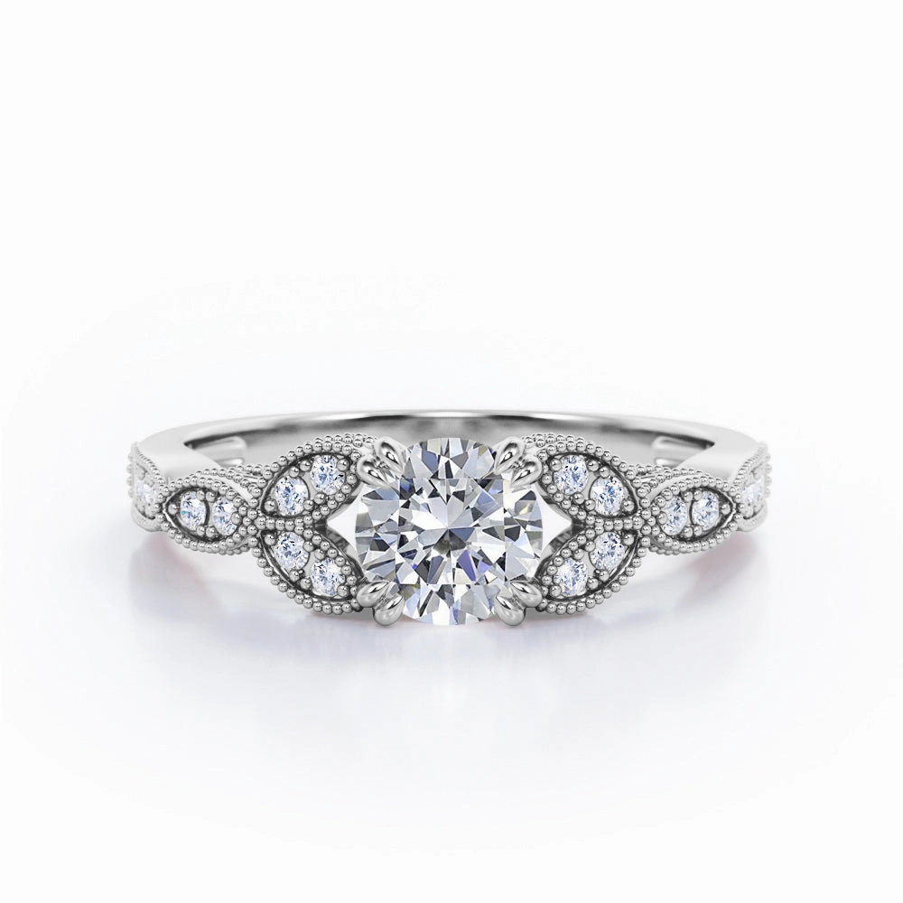 Sharp Eight Claws 0.45 Carat Round Cut Diamond Beaded Leaf Art Deco Engagement Ring In Rose Gold Professional Cleaning