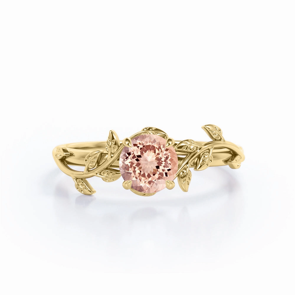 Gloss Detail Fashionable Article 0.50 ct Round Lab Created Morganite Leaf Engagement Ring