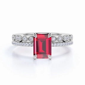 Economical Ornament Vintage 1.45 ct Emerald Lab-Created Ruby Pave Wedding Set