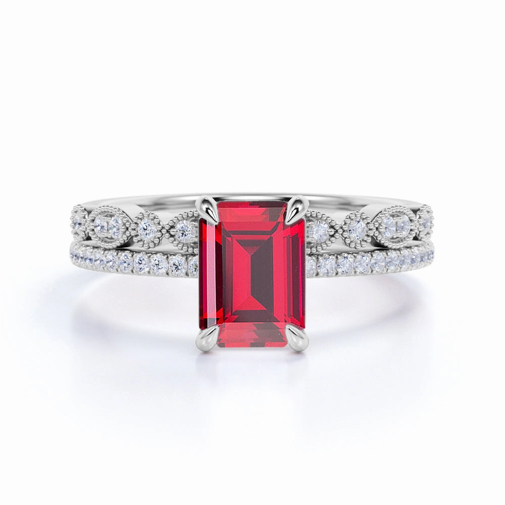 Fresh Appeal Vintage 1.45 ct Emerald Lab-Created Ruby Pave Wedding Set