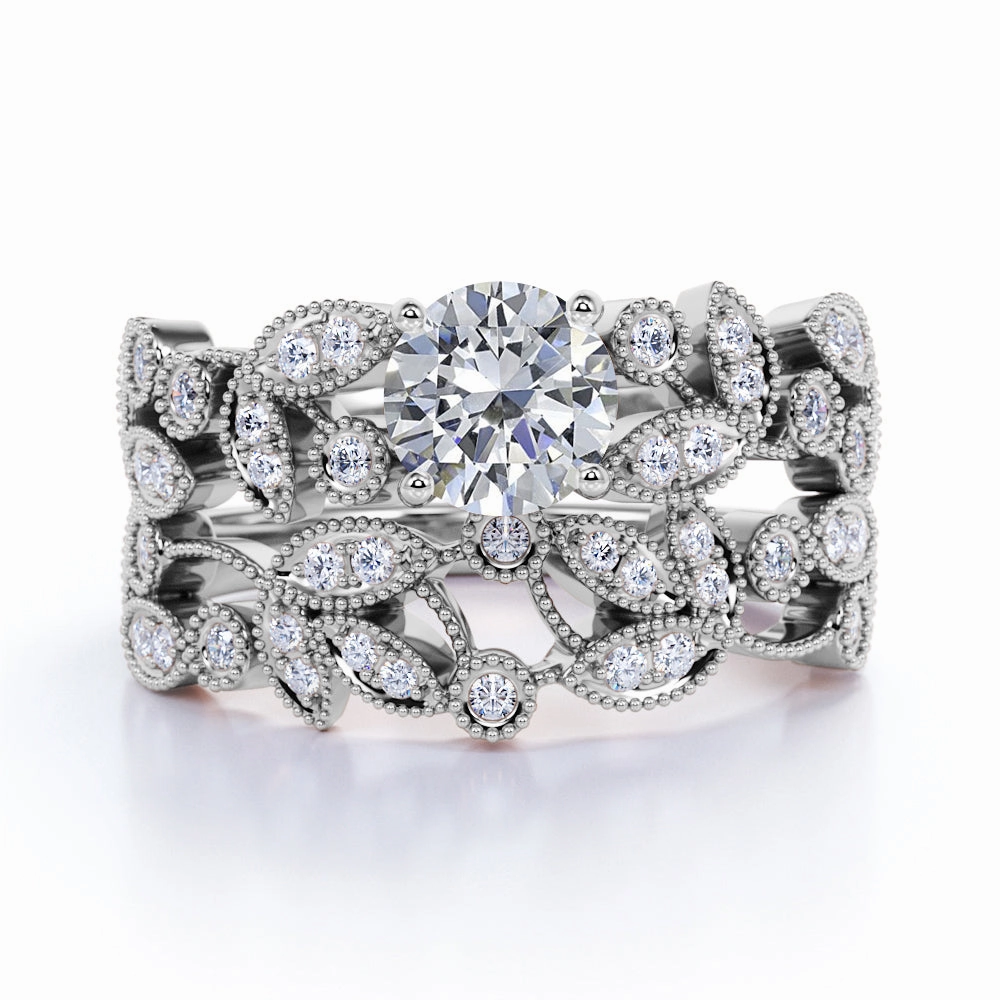 Convenient Design 1 Carat Round Cut Diamond - Vintage - Flower - Milgrain - Engagement Ring - Wedding Set - 10K White Gold