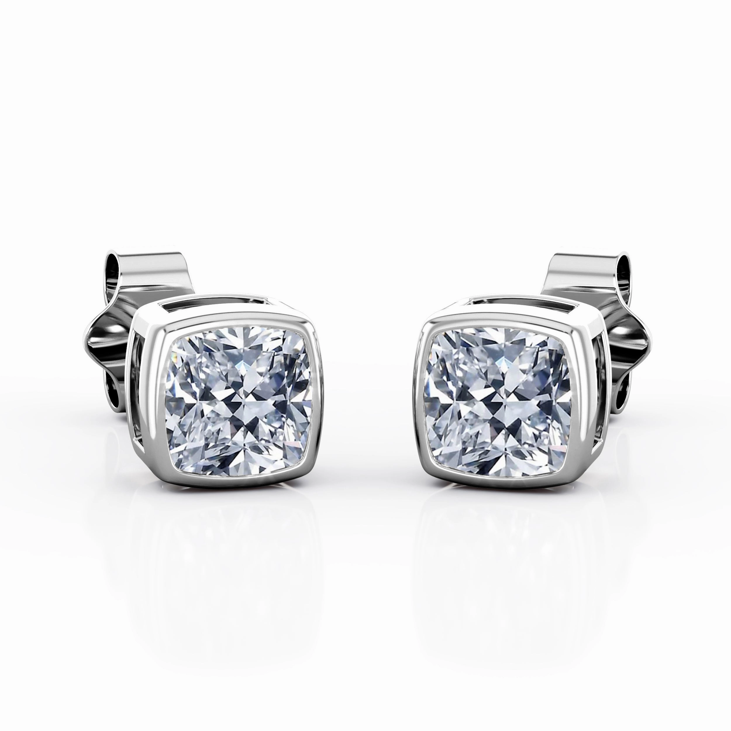 Lightweight Choice Night Accent Simple Single Stone 1 Carat Cushion Certified Moissanite Bezel Set Ear Studs in White Gold