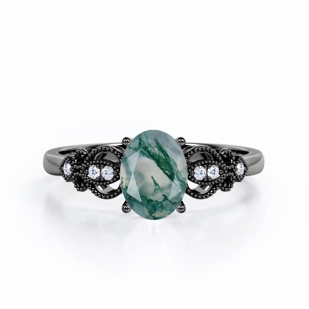 Soft Form Swirly Milgrain 1.1 Carat Oval Moss Agate Engagement Ring