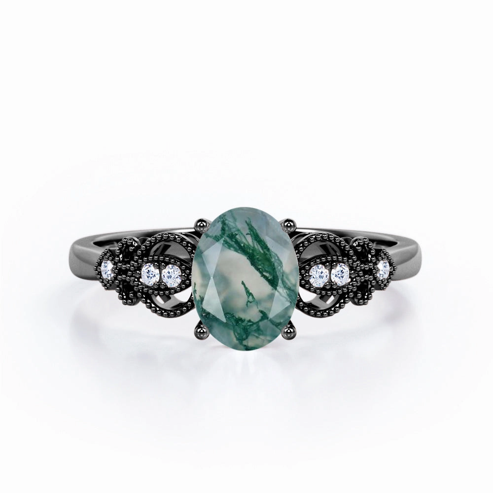 Fashion Treat Convenient Appearance Swirly Milgrain 1.1 Carat Oval Moss Agate Engagement Ring