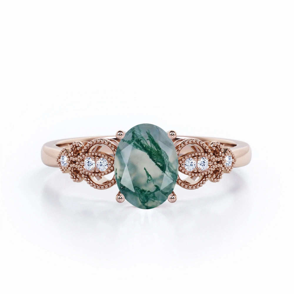Swirly Milgrain 1.1 Carat Oval Moss Agate Engagement Ring Universal Gift Branded Adornment