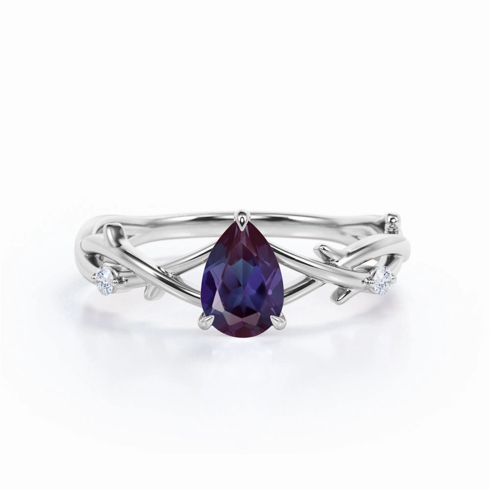 Neutral Look Low-Cost Embellishment Twisted Twig 1.10 Ct Pear Lab Alexandrite Engagement Ring