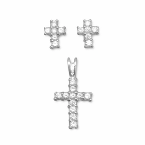Dull Ornament Petite Decoration Cross Cubic Zirconia Sterling Silver Earrings and Pendant Set