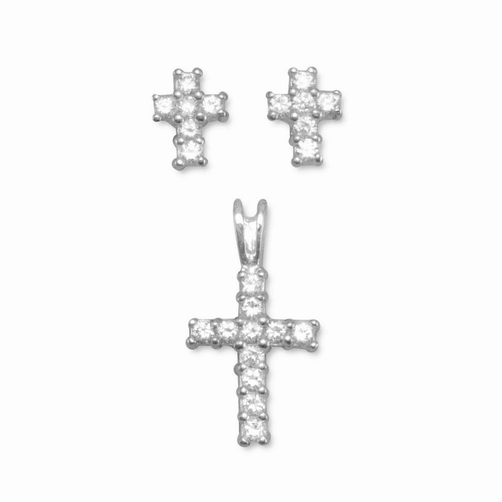 Dull Ornament Petite Decoration Cross Cubic Zirconia Sterling Silver Earrings and Pendant Set