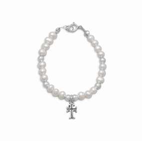 Small 5-inch Cultured Freshwater Pearl Sterling Silver Cross Bracelet Adaptable Design