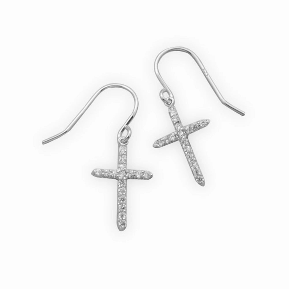Circular Decoration Cross Earrings Dangle with Cubic Zirconia Rhodium on Sterling Silver - Nontarnish