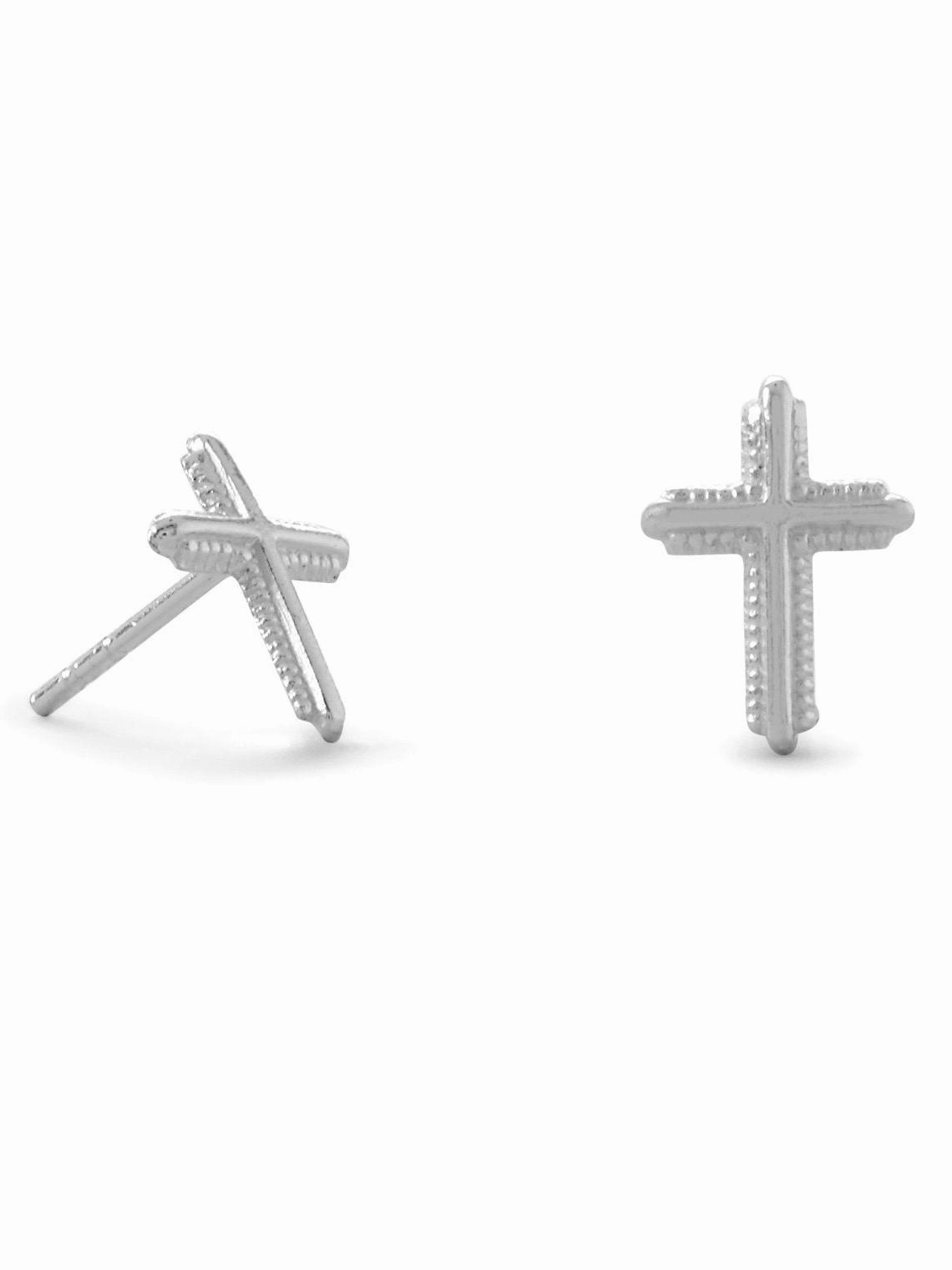 Simple Finish Cross Post Stud Earrings Sterling Silver 10.5mm x 7.5mm Milgrain Edge