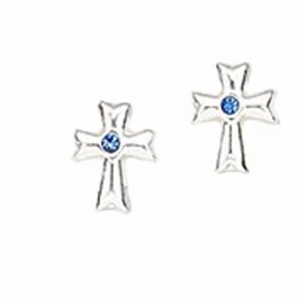Durable Finish Ornate Ornament Cross Post Stud Earrings with Dark Blue Crystal