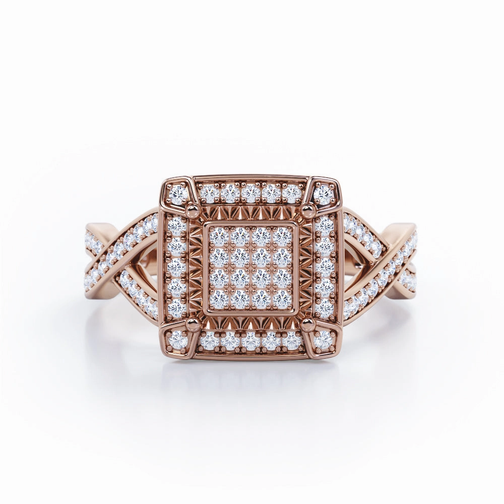 Crossover Pave-Accented Channel - 0.65 TCW Round Brilliant Cut Diamond - Square Halo Cluster Engagement Ring - 10K Black Gold Amazing Object