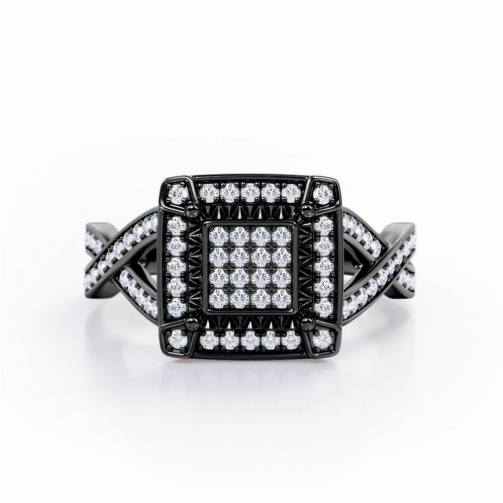Crossover Pave-Accented Channel - 0.65 TCW Round Brilliant Cut Diamond - Square Halo Cluster Engagement Ring - 10K Black Gold Sparkling Piece