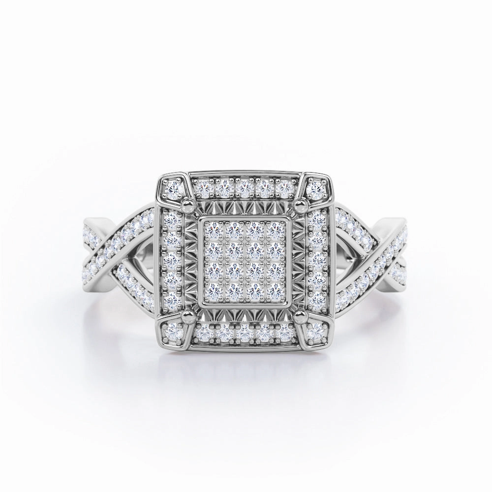 Crossover Pave-Accented Channel - 0.65 TCW Round Brilliant Cut Diamond - Square Halo Cluster Engagement Ring - 10K Black Gold Classic Accent Holiday Style