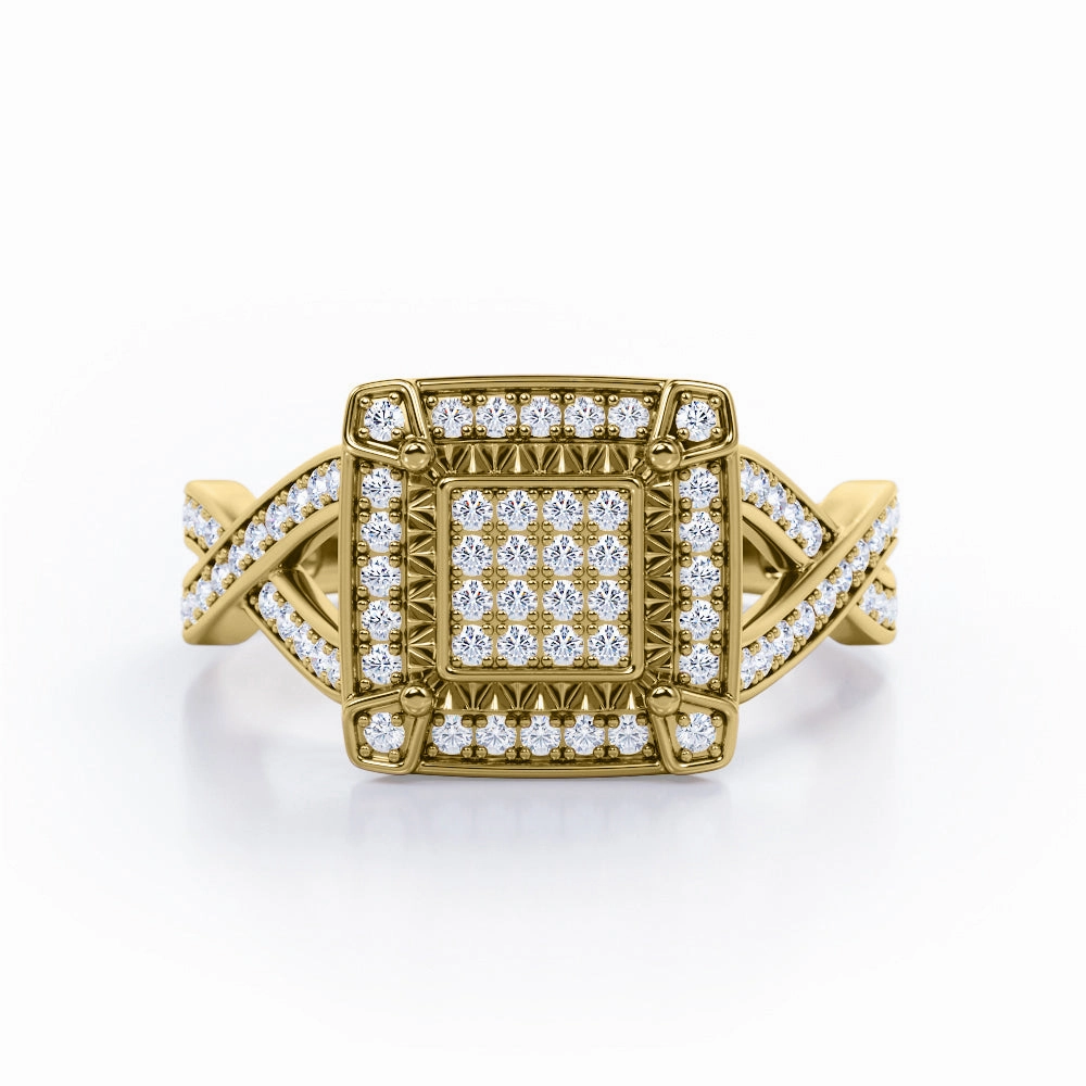 Stylish Jewelry Designer Art Crossover Pave-Accented Channel - 0.65 TCW Round Brilliant Cut Diamond - Square Halo Cluster Engagement Ring - 10K Black Gold