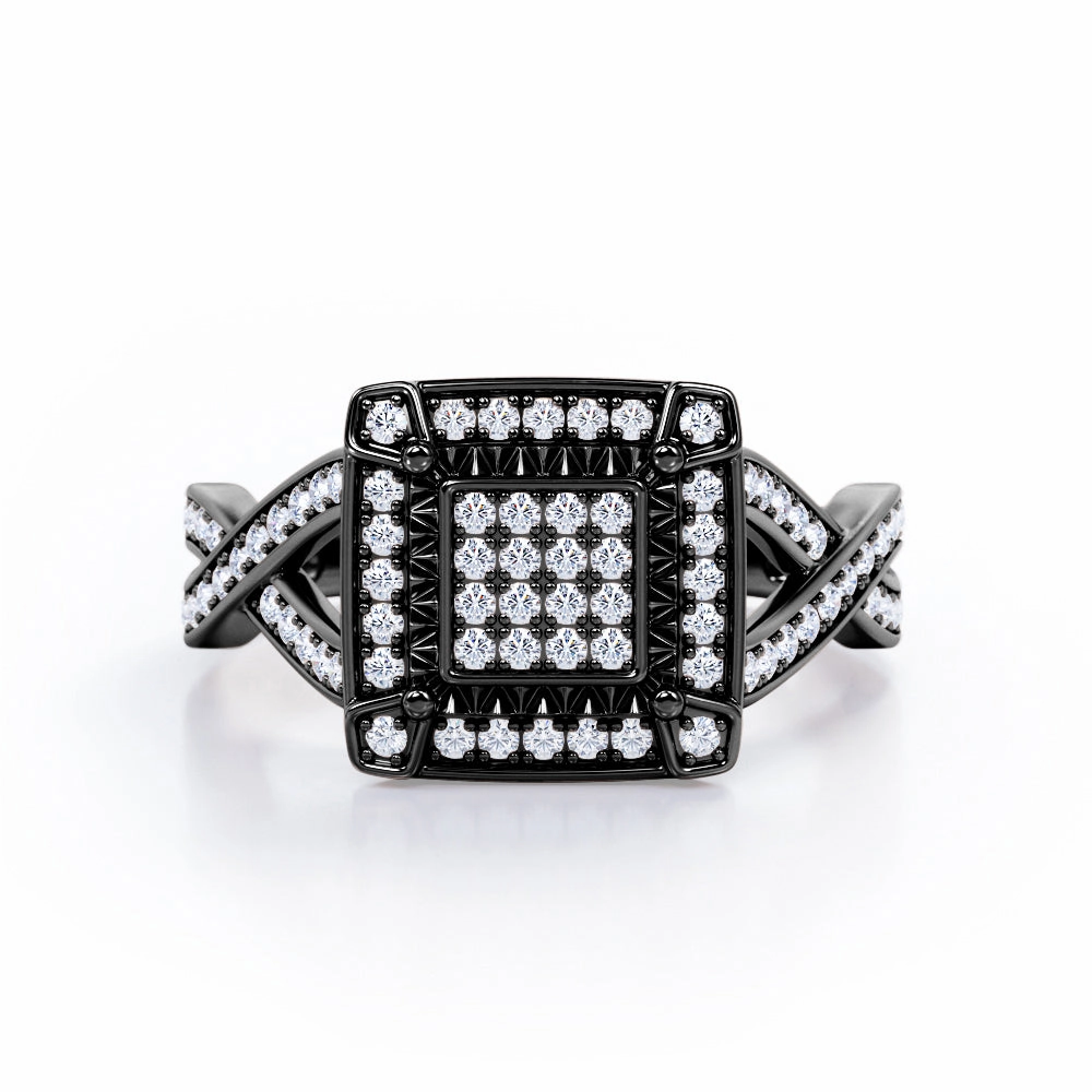 Crossover Pave-Accented Channel - 0.65 TCW Round Brilliant Cut Diamond - Square Halo Cluster Engagement Ring - 10K Black Gold Body Adornment Seasonal Favorite