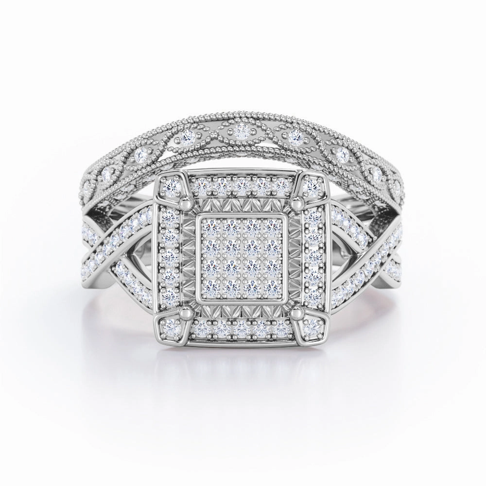 Formal Outfit Crossover Pave-Accented Channel - 0.8 TCW Round Brilliant Cut Diamond - Square Halo Cluster Wedding Set - 10K White Gold