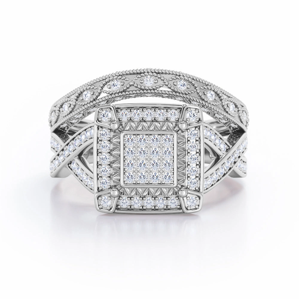 Crossover Pave-Accented Channel - 0.8 TCW Round Brilliant Cut Diamond - Square Halo Cluster Wedding Set - 10K White Gold Excellent Jewelry