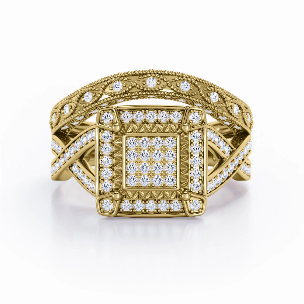 Crossover Pave-Accented Channel - 0.8 TCW Round Brilliant Cut Diamond - Square Halo Cluster Wedding Set - 10K White Gold Special Friend