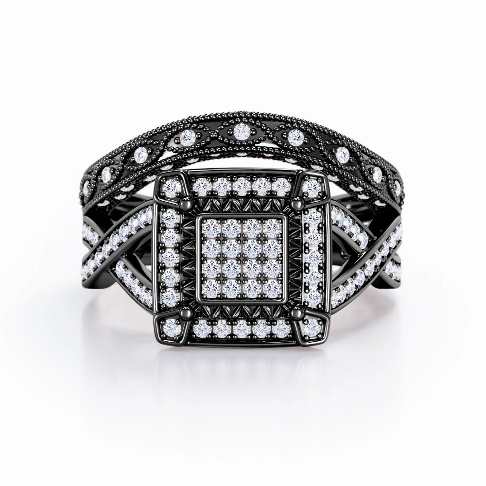 Formal Accessory Crossover Pave-Accented Channel - 0.8 TCW Round Brilliant Cut Diamond - Square Halo Cluster Wedding Set - 10K White Gold