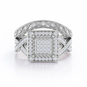 Formal Outfit Crossover Pave-Accented Channel - 0.8 TCW Round Brilliant Cut Diamond - Square Halo Cluster Wedding Set - 10K White Gold