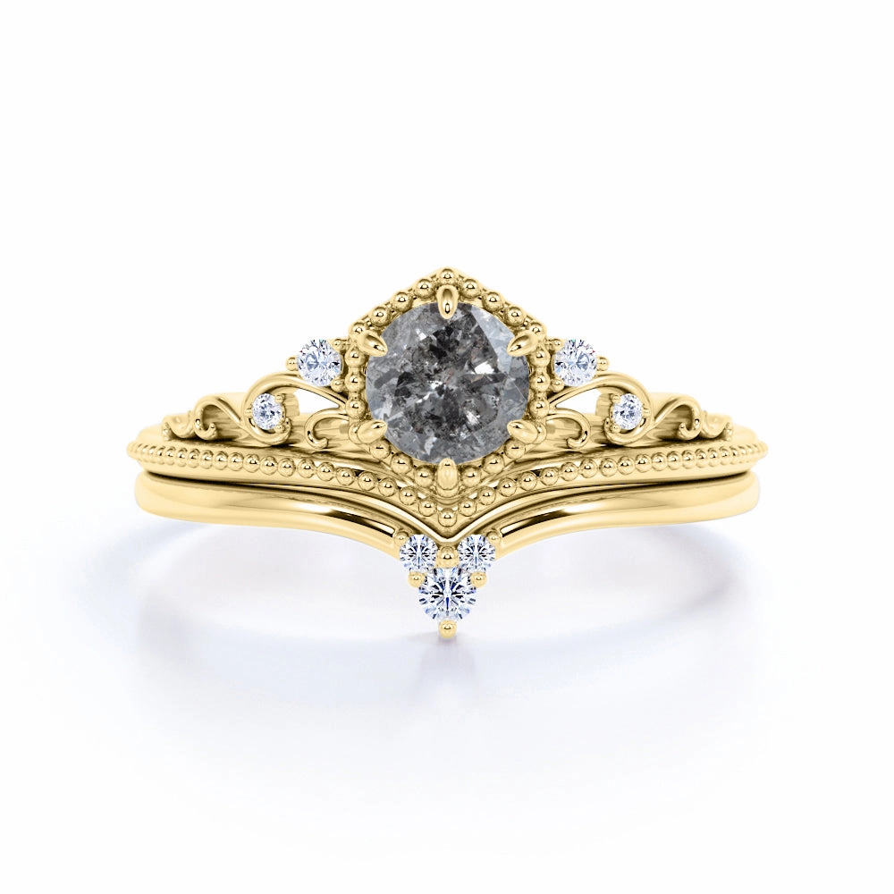 Elegant Article Affordable Mark Crown 0.65 Ct Round Cut Salt and Pepper Diamond Wedding Ring Set