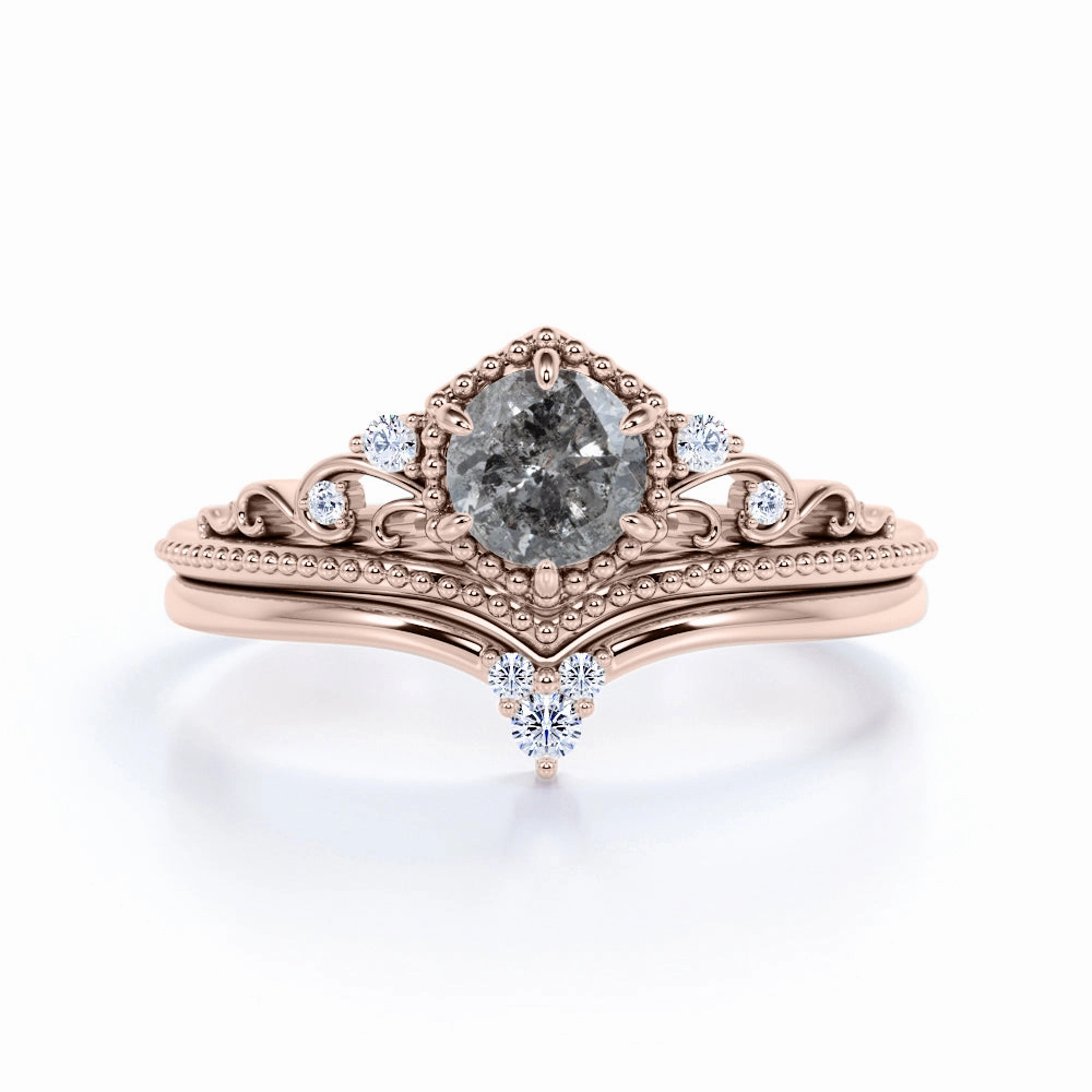 Affordable Craft Exclusive Product Crown 0.65 Ct Round Cut Salt and Pepper Diamond Wedding Ring Set